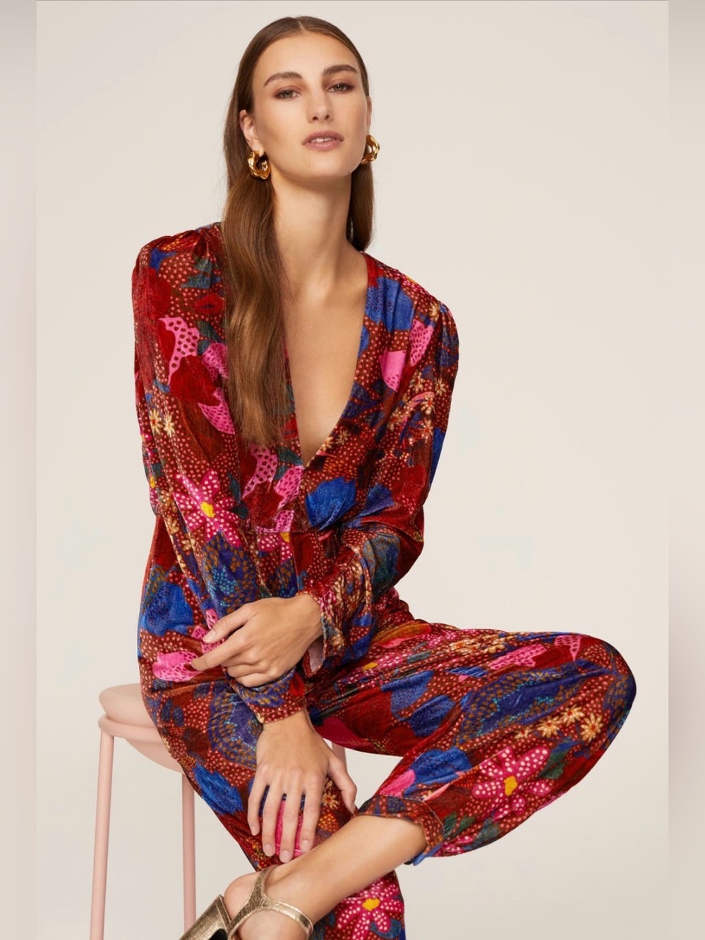 FARM Rio Anthropologie Velvet Red Floral Print Snake Garden Boho Jumpsuit size M - Picture 4 of 5